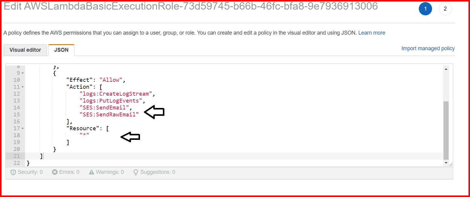 Picture showing the screen to change the permissions in the lambda role